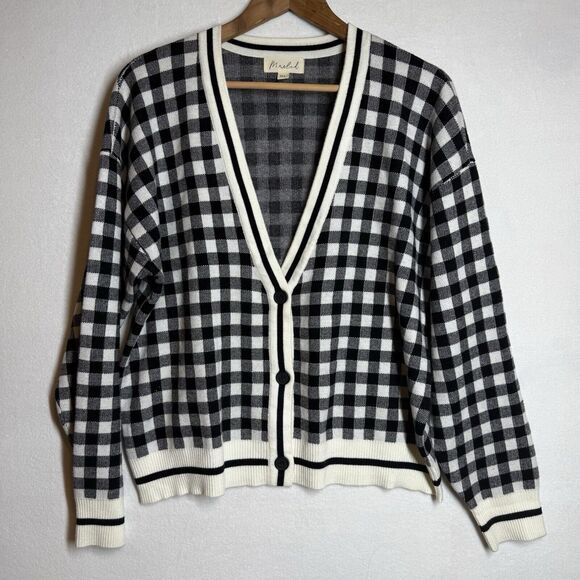 Marled Preppy Soft Cardigan Classic Plaid Schoolgirl Black White XL Anthropology - Picture 1 of 6